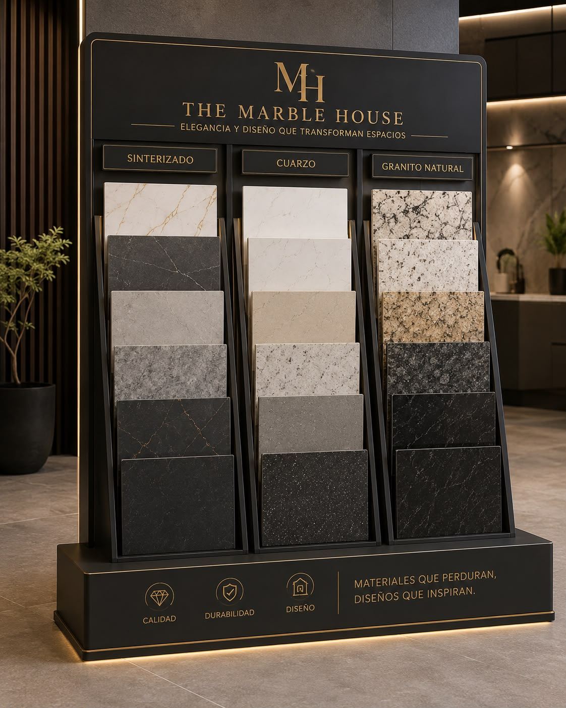 Exhibidor de materiales The Marble House: sinterizado, cuarzo y granito natural